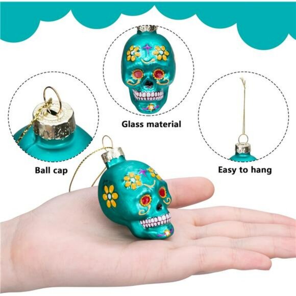 12pcs Day of the Dead Glass Ornaments Sugar Skull Halloween Christmas Tree Decor - Picture 4 of 7